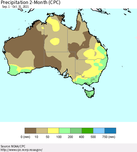 Australia Precipitation 2-Month (CPC) Thematic Map For 9/1/2021 - 10/31/2021