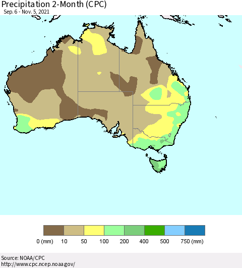 Australia Precipitation 2-Month (CPC) Thematic Map For 9/6/2021 - 11/5/2021
