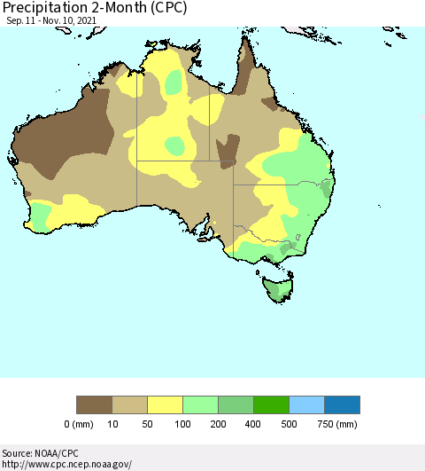 Australia Precipitation 2-Month (CPC) Thematic Map For 9/11/2021 - 11/10/2021