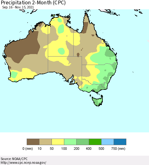 Australia Precipitation 2-Month (CPC) Thematic Map For 9/16/2021 - 11/15/2021