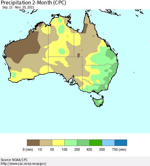 Australia Precipitation 2-Month (CPC) Thematic Map For 9/21/2021 - 11/20/2021