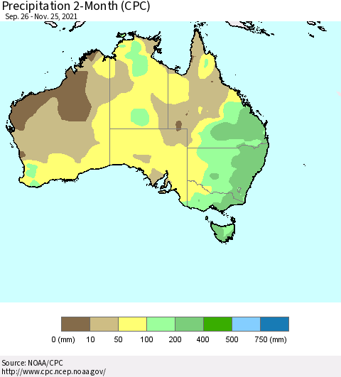 Australia Precipitation 2-Month (CPC) Thematic Map For 9/26/2021 - 11/25/2021
