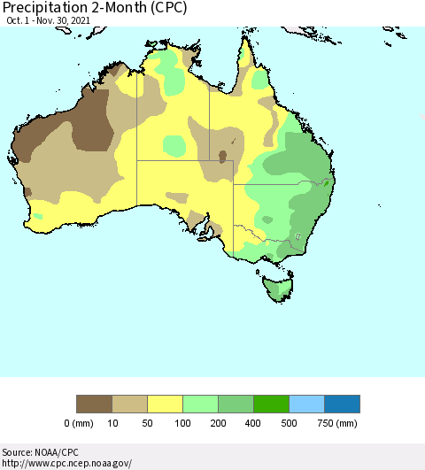 Australia Precipitation 2-Month (CPC) Thematic Map For 10/1/2021 - 11/30/2021