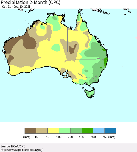 Australia Precipitation 2-Month (CPC) Thematic Map For 10/11/2021 - 12/10/2021