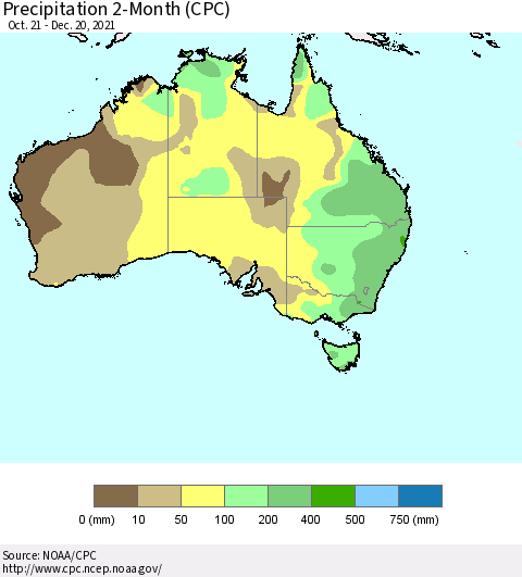 Australia Precipitation 2-Month (CPC) Thematic Map For 10/21/2021 - 12/20/2021