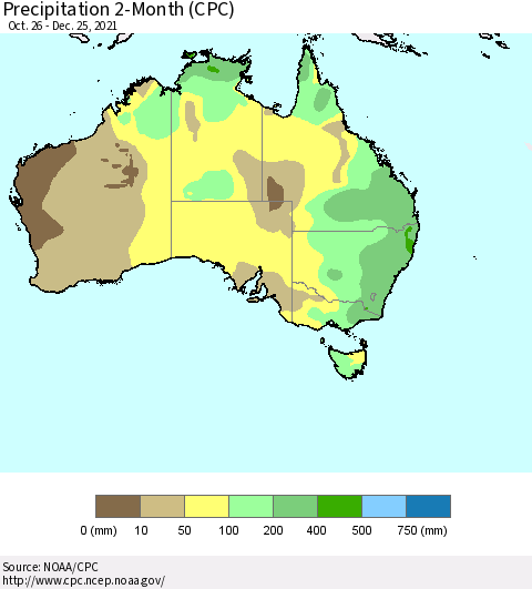 Australia Precipitation 2-Month (CPC) Thematic Map For 10/26/2021 - 12/25/2021