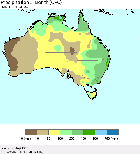 Australia Precipitation 2-Month (CPC) Thematic Map For 11/1/2021 - 12/31/2021