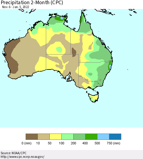 Australia Precipitation 2-Month (CPC) Thematic Map For 11/6/2021 - 1/5/2022