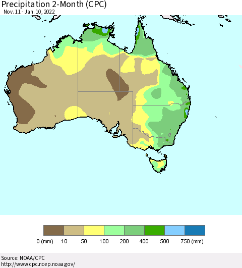 Australia Precipitation 2-Month (CPC) Thematic Map For 11/11/2021 - 1/10/2022