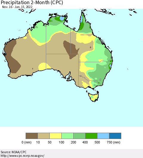 Australia Precipitation 2-Month (CPC) Thematic Map For 11/16/2021 - 1/15/2022