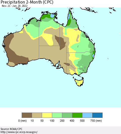 Australia Precipitation 2-Month (CPC) Thematic Map For 11/21/2021 - 1/20/2022