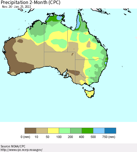 Australia Precipitation 2-Month (CPC) Thematic Map For 11/26/2021 - 1/25/2022