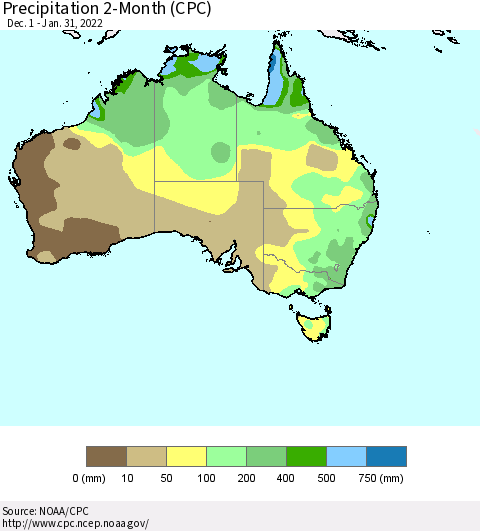Australia Precipitation 2-Month (CPC) Thematic Map For 12/1/2021 - 1/31/2022