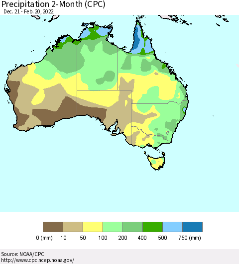 Australia Precipitation 2-Month (CPC) Thematic Map For 12/21/2021 - 2/20/2022