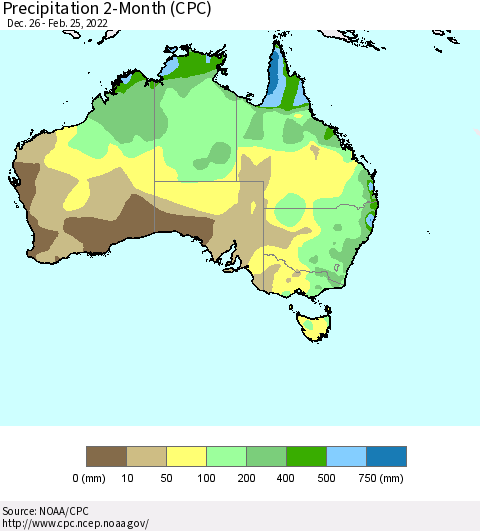 Australia Precipitation 2-Month (CPC) Thematic Map For 12/26/2021 - 2/25/2022