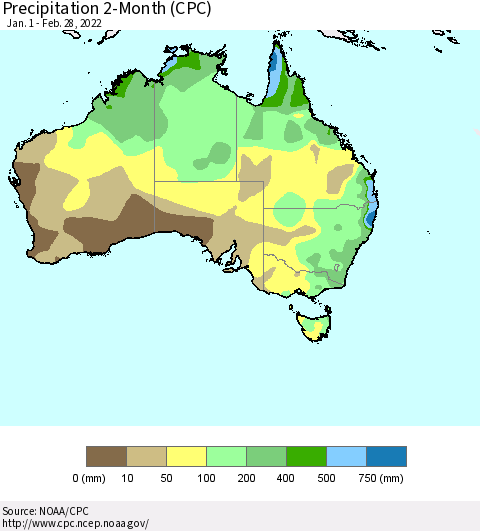 Australia Precipitation 2-Month (CPC) Thematic Map For 1/1/2022 - 2/28/2022