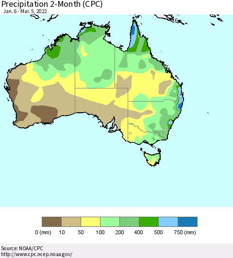 Australia Precipitation 2-Month (CPC) Thematic Map For 1/6/2022 - 3/5/2022