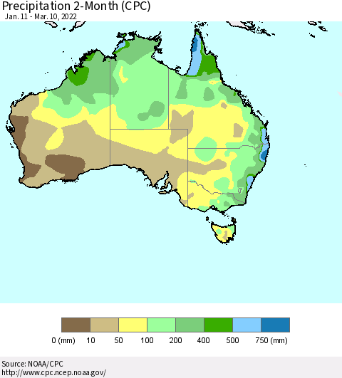 Australia Precipitation 2-Month (CPC) Thematic Map For 1/11/2022 - 3/10/2022