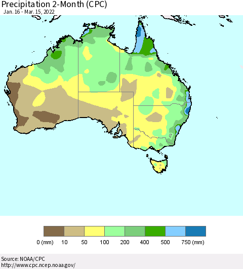 Australia Precipitation 2-Month (CPC) Thematic Map For 1/16/2022 - 3/15/2022