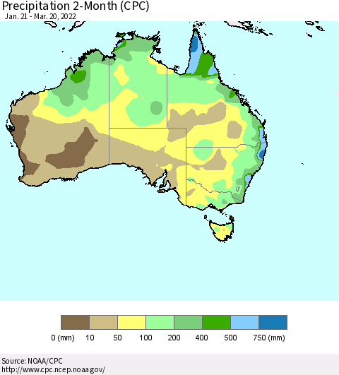 Australia Precipitation 2-Month (CPC) Thematic Map For 1/21/2022 - 3/20/2022