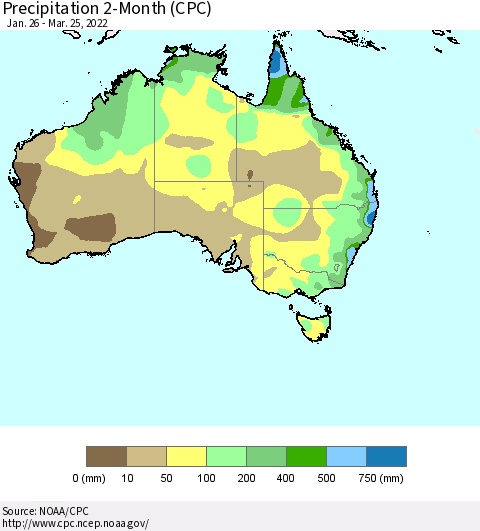 Australia Precipitation 2-Month (CPC) Thematic Map For 1/26/2022 - 3/25/2022