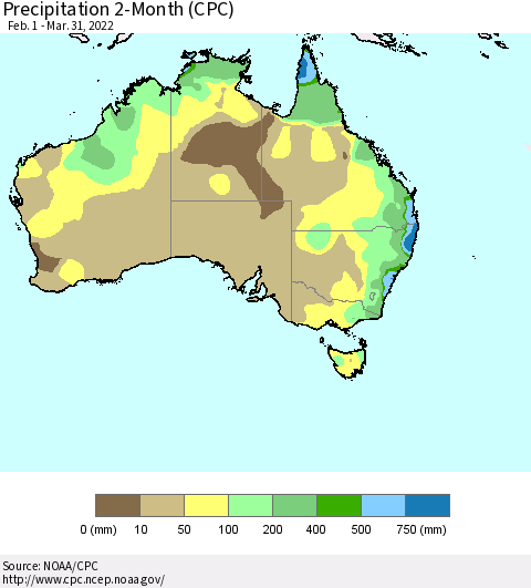 Australia Precipitation 2-Month (CPC) Thematic Map For 2/1/2022 - 3/31/2022