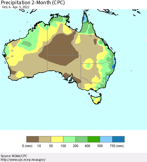 Australia Precipitation 2-Month (CPC) Thematic Map For 2/6/2022 - 4/5/2022