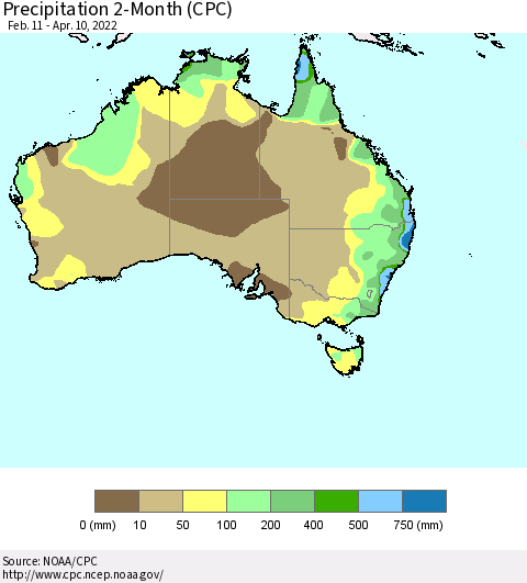 Australia Precipitation 2-Month (CPC) Thematic Map For 2/11/2022 - 4/10/2022