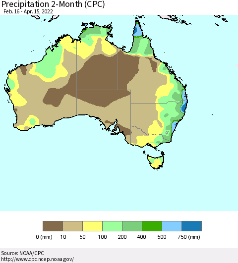 Australia Precipitation 2-Month (CPC) Thematic Map For 2/16/2022 - 4/15/2022