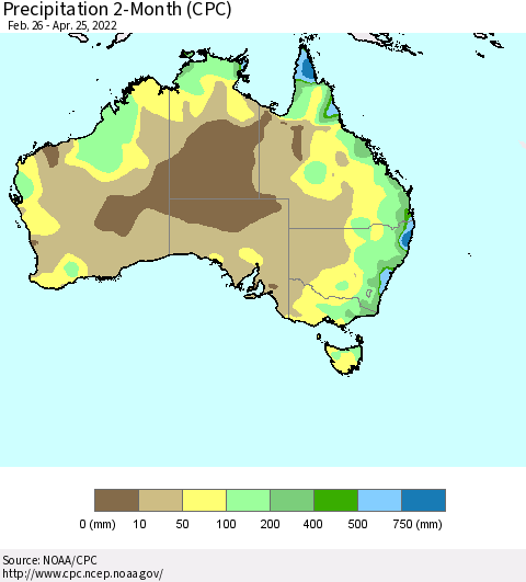 Australia Precipitation 2-Month (CPC) Thematic Map For 2/26/2022 - 4/25/2022