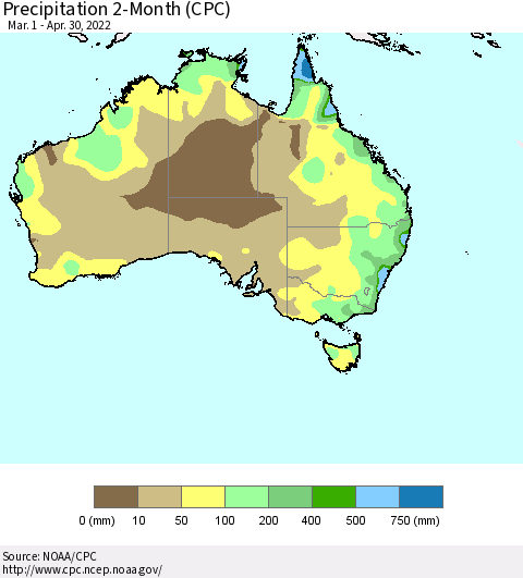 Australia Precipitation 2-Month (CPC) Thematic Map For 3/1/2022 - 4/30/2022