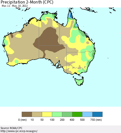 Australia Precipitation 2-Month (CPC) Thematic Map For 3/11/2022 - 5/10/2022