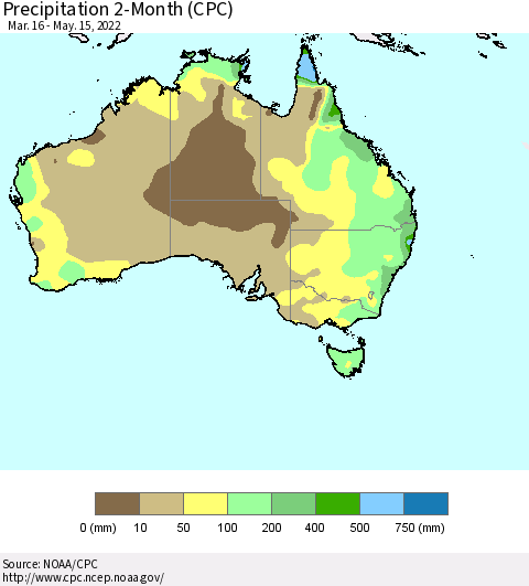 Australia Precipitation 2-Month (CPC) Thematic Map For 3/16/2022 - 5/15/2022