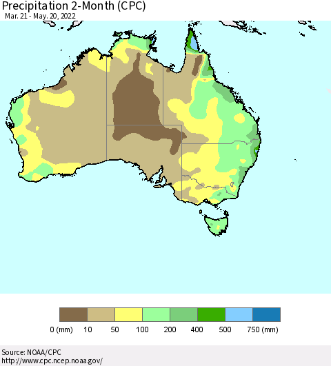 Australia Precipitation 2-Month (CPC) Thematic Map For 3/21/2022 - 5/20/2022