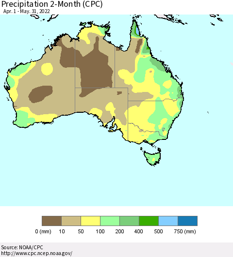 Australia Precipitation 2-Month (CPC) Thematic Map For 4/1/2022 - 5/31/2022