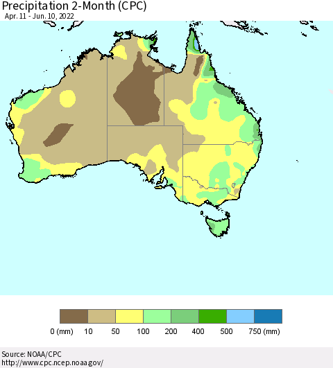 Australia Precipitation 2-Month (CPC) Thematic Map For 4/11/2022 - 6/10/2022