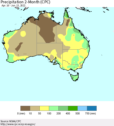 Australia Precipitation 2-Month (CPC) Thematic Map For 4/16/2022 - 6/15/2022
