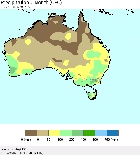 Australia Precipitation 2-Month (CPC) Thematic Map For 7/21/2022 - 9/20/2022