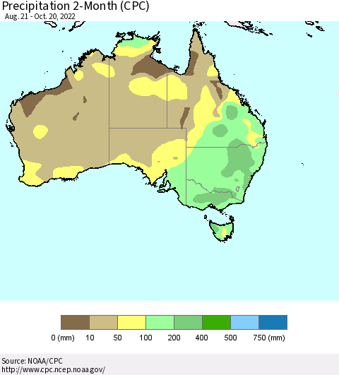 Australia Precipitation 2-Month (CPC) Thematic Map For 8/21/2022 - 10/20/2022