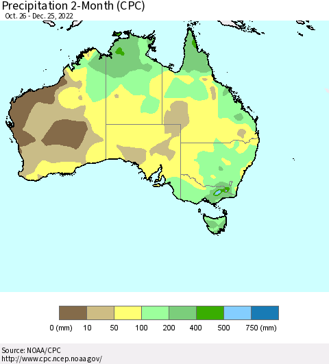 Australia Precipitation 2-Month (CPC) Thematic Map For 10/26/2022 - 12/25/2022
