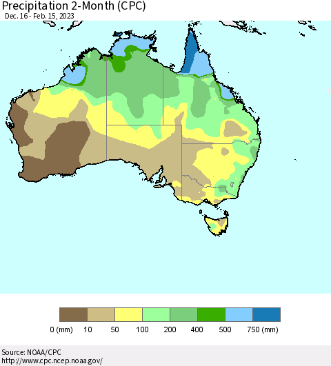 Australia Precipitation 2-Month (CPC) Thematic Map For 12/16/2022 - 2/15/2023