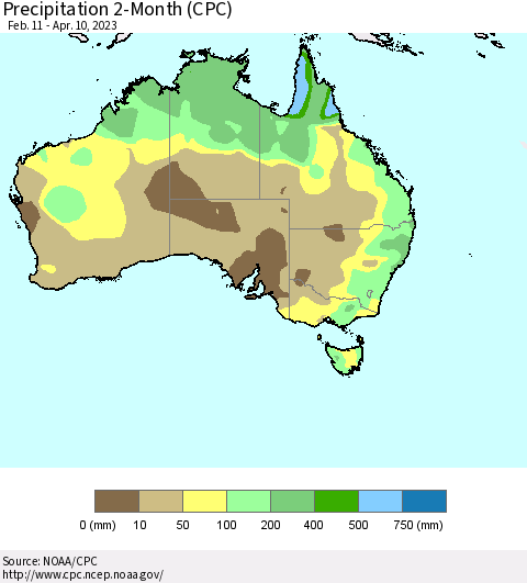 Australia Precipitation 2-Month (CPC) Thematic Map For 2/11/2023 - 4/10/2023