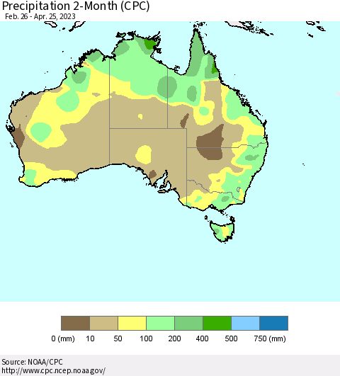 Australia Precipitation 2-Month (CPC) Thematic Map For 2/26/2023 - 4/25/2023
