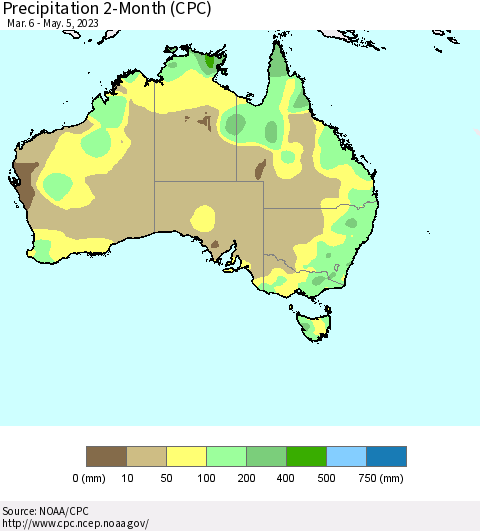 Australia Precipitation 2-Month (CPC) Thematic Map For 3/6/2023 - 5/5/2023