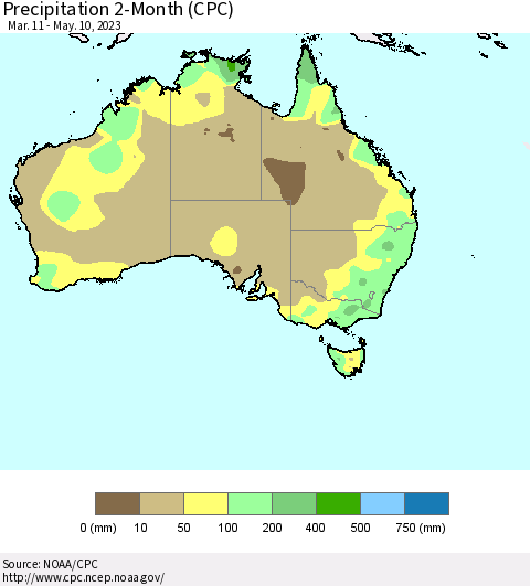 Australia Precipitation 2-Month (CPC) Thematic Map For 3/11/2023 - 5/10/2023