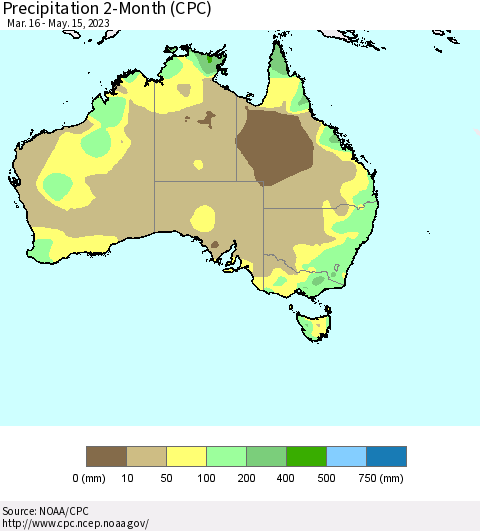 Australia Precipitation 2-Month (CPC) Thematic Map For 3/16/2023 - 5/15/2023