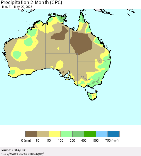 Australia Precipitation 2-Month (CPC) Thematic Map For 3/21/2023 - 5/20/2023