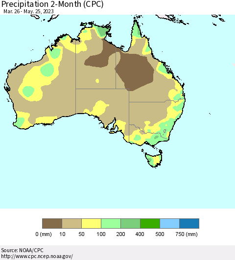 Australia Precipitation 2-Month (CPC) Thematic Map For 3/26/2023 - 5/25/2023