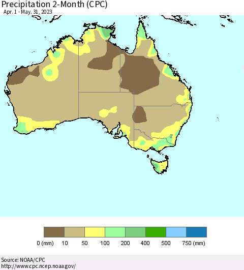 Australia Precipitation 2-Month (CPC) Thematic Map For 4/1/2023 - 5/31/2023
