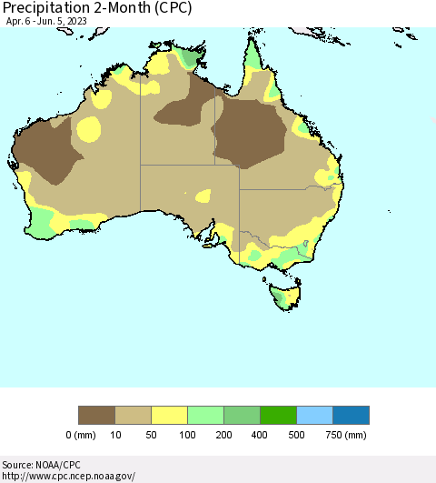 Australia Precipitation 2-Month (CPC) Thematic Map For 4/6/2023 - 6/5/2023